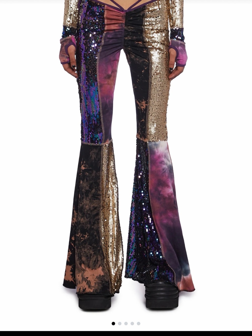 Sequin Patchwork Flared Pants in Purple, Black & Gold Club Exx size small